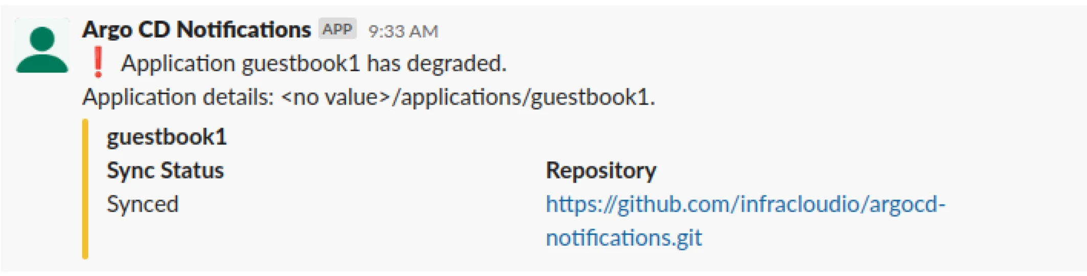 Notifications received when application's status transitions to a degraded state