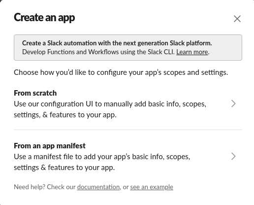 Slack app create options