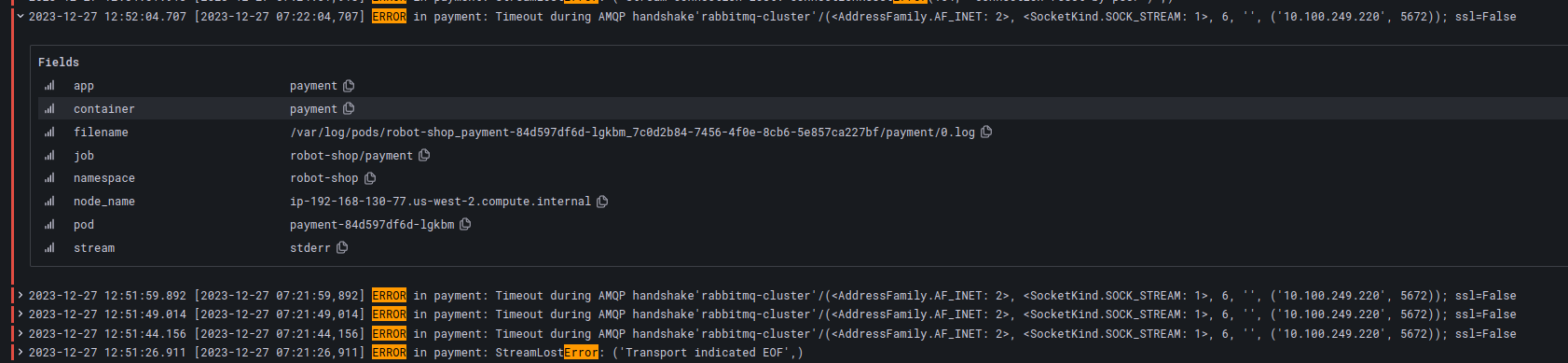 Payment service logs showing AMQP timeout handshake with rabbitmq-cluster